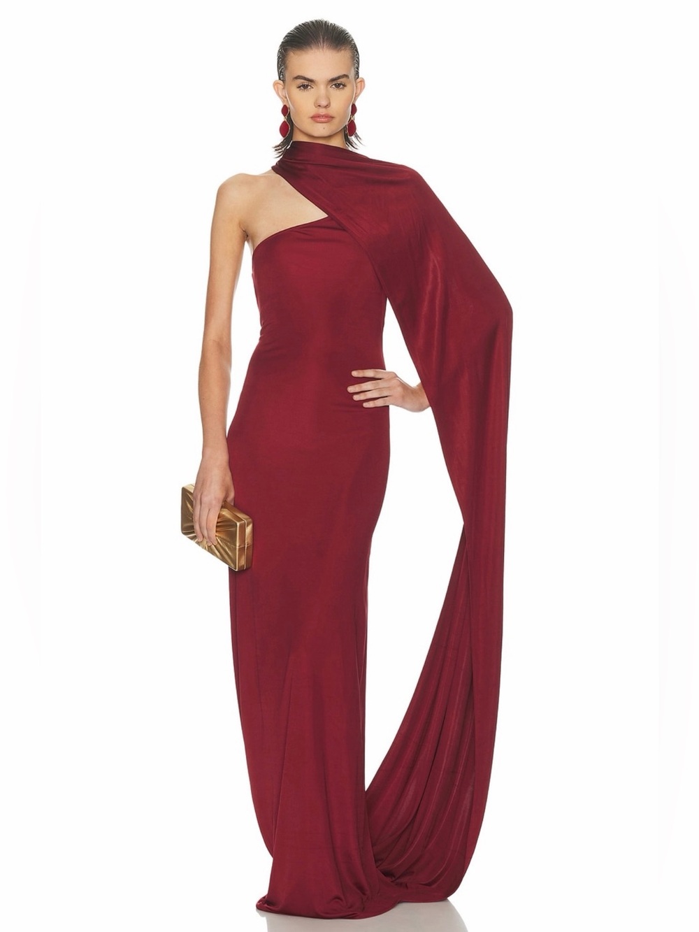 Helsa Revolve Muse Oxblood Red Strappy Open Back Cape Evening Gown XXS NWT